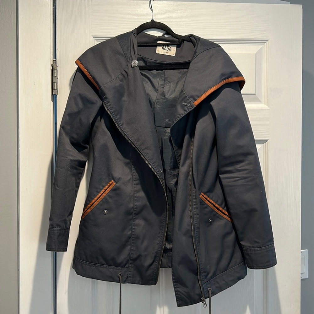 Navy Blue Hooded Trench Jacket with Waist Cinch